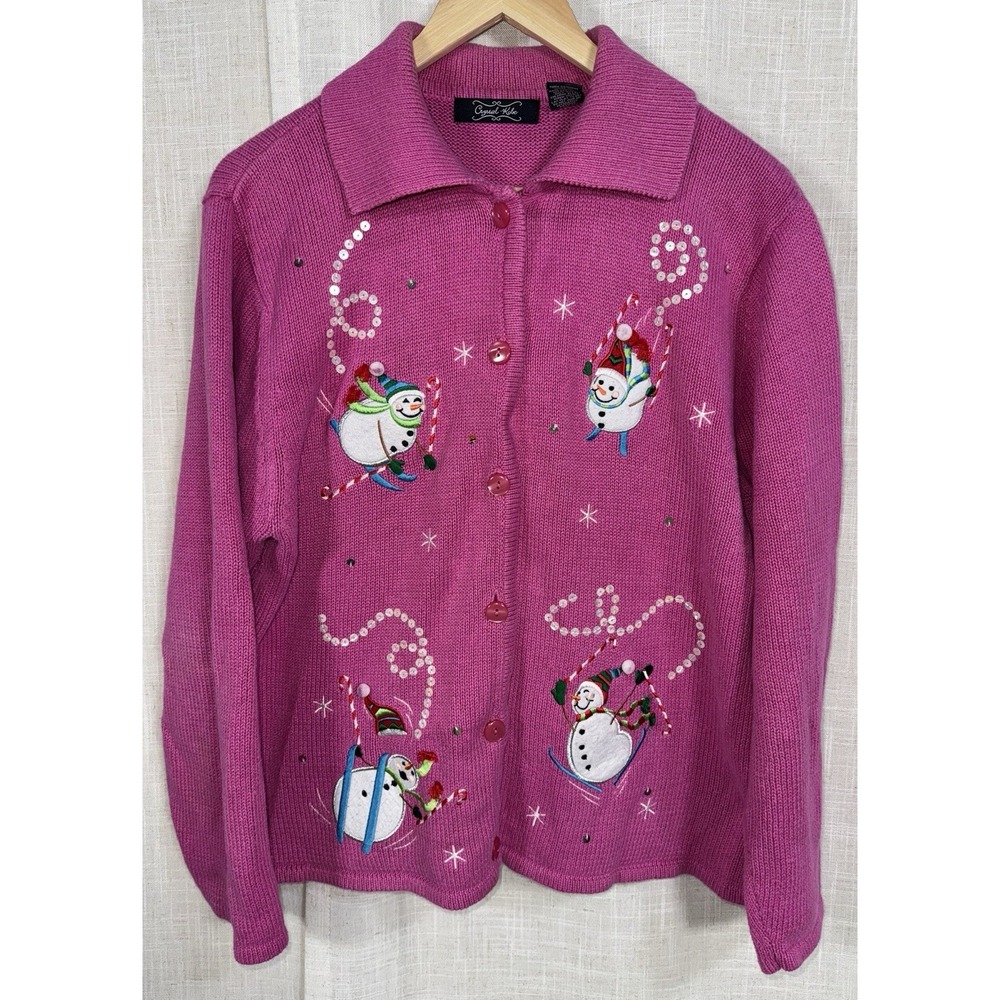 Vtg CRYSTAL KOBE Women's L Large Christmas Snowman Sweater Ugly Pink Cardigan